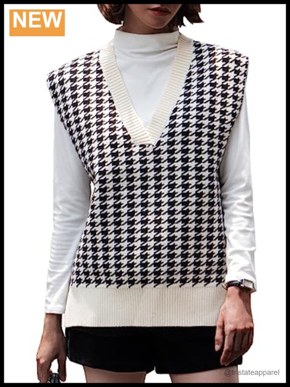 Womens Houndstooth Sweater Vest V-Neck Sleeveless Knit Chunky Oversized Pullover